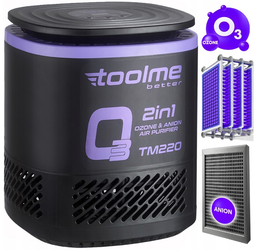 Oczyszczacz powietrza Toolme TM220 2w1 z funkcją ozonowania i jonizacji (O₃, anion), czarno-fioletowa obudowa.